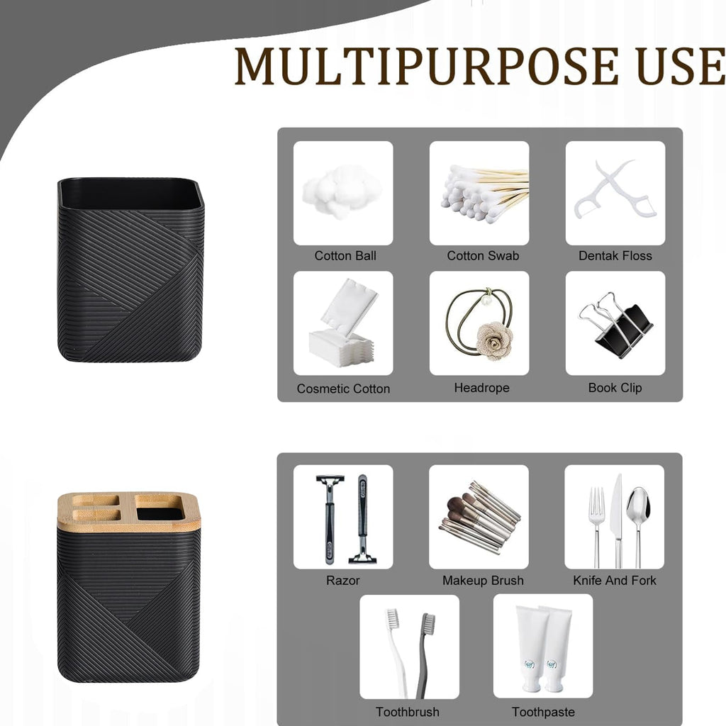 CERBIOR Bathroom Accessories Set 6 Piece Bamboo Bath Ensemble Includes Soap Dispenser, Toothbrush Holder, Toothbrush Cup, Soap Dish for Decorative Countertop and Housewarming Gift (Black)