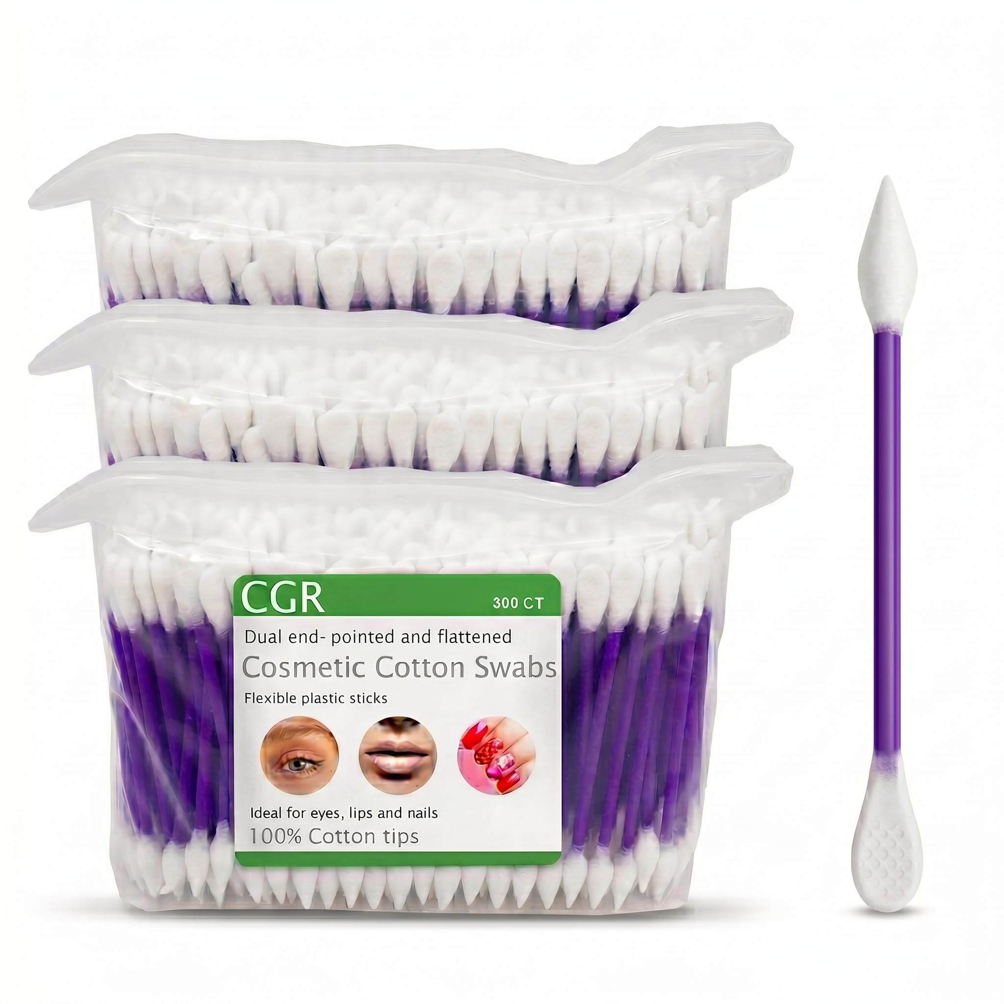 CGR 900pcs Precision Makeup Cotton Swabs, Pointed & Flat Tips, 3 Bags