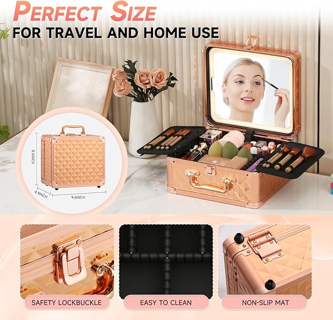Leeora&Leekoo Makeup Box with Lighted Mirror,Portable Makeup Train Case Organizer (Rose Gold)