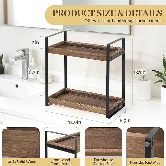 2 Tier Bathroom Organizers and Storage, Farmhouse Countertop Organizer for Bathroom Storage, Makeup Organizer for Decor, Wood Shelf for Skincare Kitchen Coffee Bar, Vanity Accessories (Dark Brown)