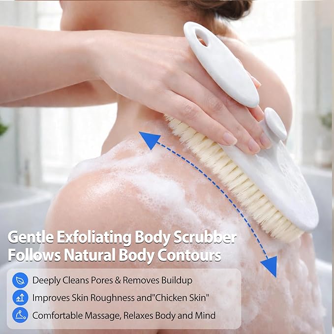 Shower Brush for Body, Extra-Large Bath Brush with Ergonomic Curved Design, Soft-Medium Bristles for Gentle Exfoliation & Full-Body Cleansing, Comfortable Short Handle for Men & Women