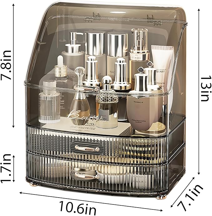 Plukers Makeup Organizer Countertop Vanity with Transparent Lid Drawers Waterproof Dustproof Cosmetic Skincare Bathroom Storage Gift for Women Teens Girls (Clear Black)