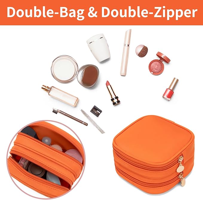 XIAOLER Small Makeup Pouch, Double Zipper Cosmetic Bag, Travel Makeup Bag, Cute Makeup Bag for Purse, Mini Toiletry Bag (Peach)
