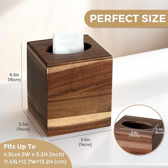 KALEKAIL 2 Pack Wood Tissue Box Cover， Acacia Wood Tissue Box Cover Square, Decorative Cube Facial Wooden Tissue Box Holder with Slide-Out Bottom for Bathroom, Bedroom, Dinner Table, Office, Kitchen