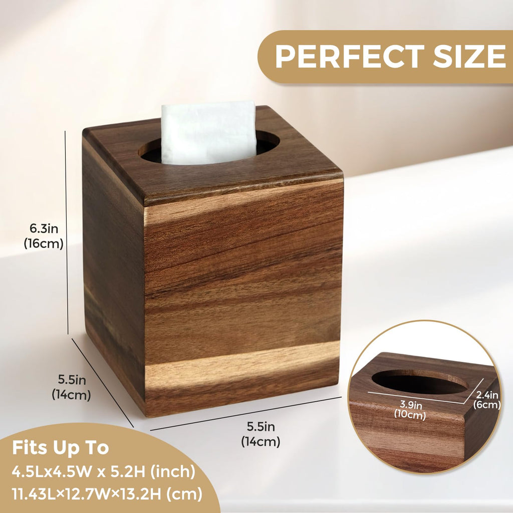 KALEKAIL 2 Pack Wood Tissue Box Cover， Acacia Wood Tissue Box Cover Square, Decorative Cube Facial Wooden Tissue Box Holder with Slide-Out Bottom for Bathroom, Bedroom, Dinner Table, Office, Kitchen