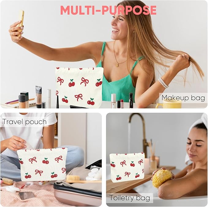 Ksriylm Cute Makeup Pouch for Women Bow Cherry Small Make Up Bag for Purse Zipper Initial Cosmetic Bags Pouches for Purse Aesthetic Travel Toiletrybags,Red Cherries Bows