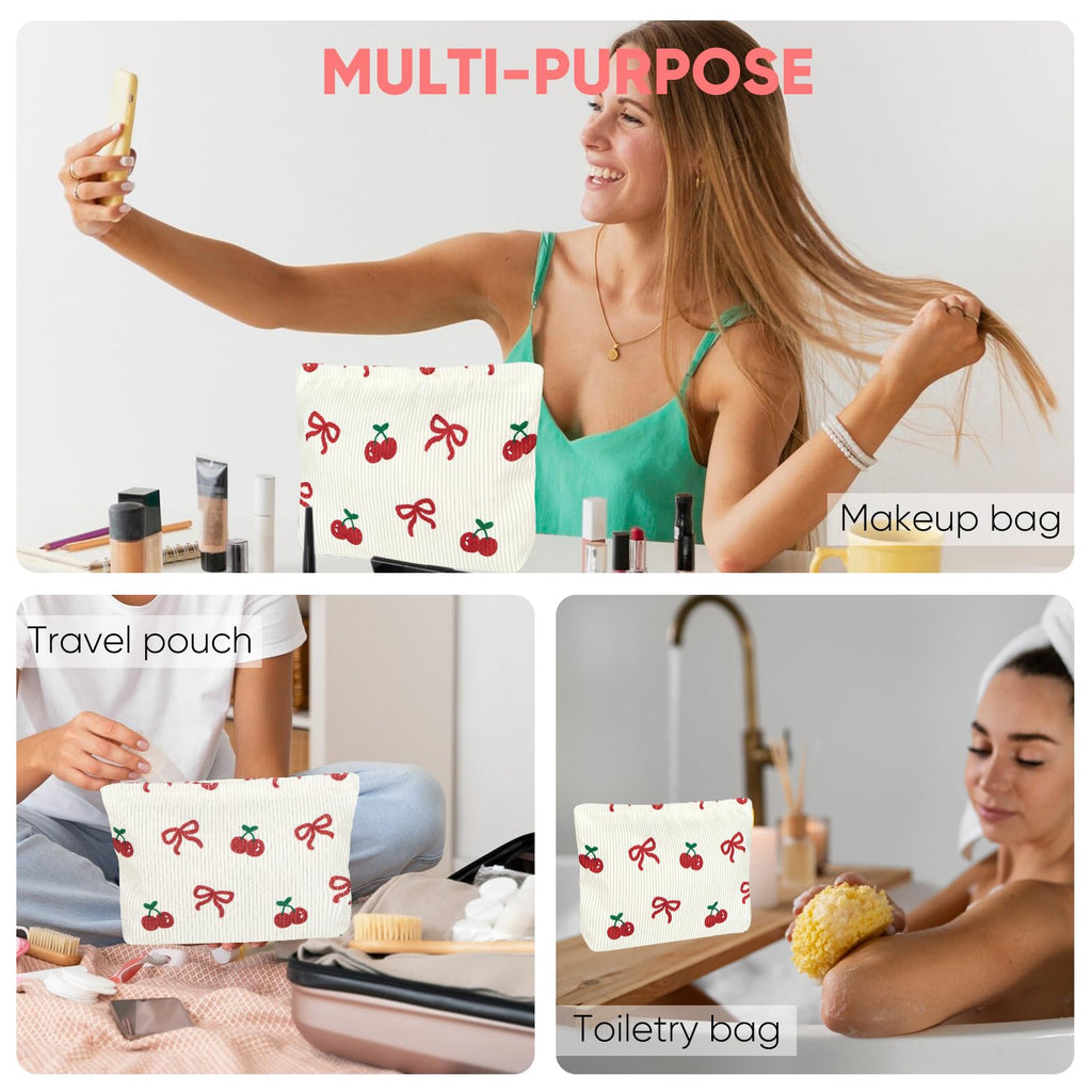 Ksriylm Cute Makeup Pouch for Women Bow Cherry Small Make Up Bag for Purse Zipper Initial Cosmetic Bags Pouches for Purse Aesthetic Travel Toiletrybags,Red Cherries Bows
