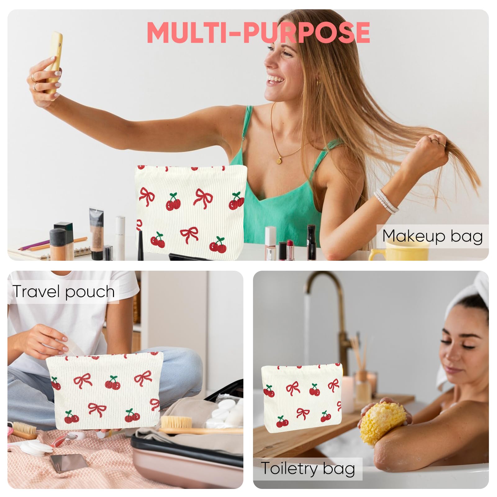 Ksriylm Cute Makeup Pouch for Women Bow Cherry Small Make Up Bag for Purse Zipper Initial Cosmetic Bags Pouches for Purse Aesthetic Travel Toiletrybags,Red Cherries Bows