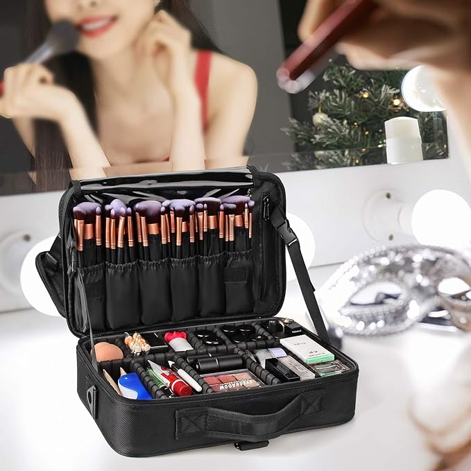 Relavel Makeup Bag Train Case for Women Travel Cosmetic Organizer with Adjustable Dividers and Brush Compartment, Large Storage Box for Cosmetics, Toiletries, Nail Polish, Jewelry, Electronic (Black)