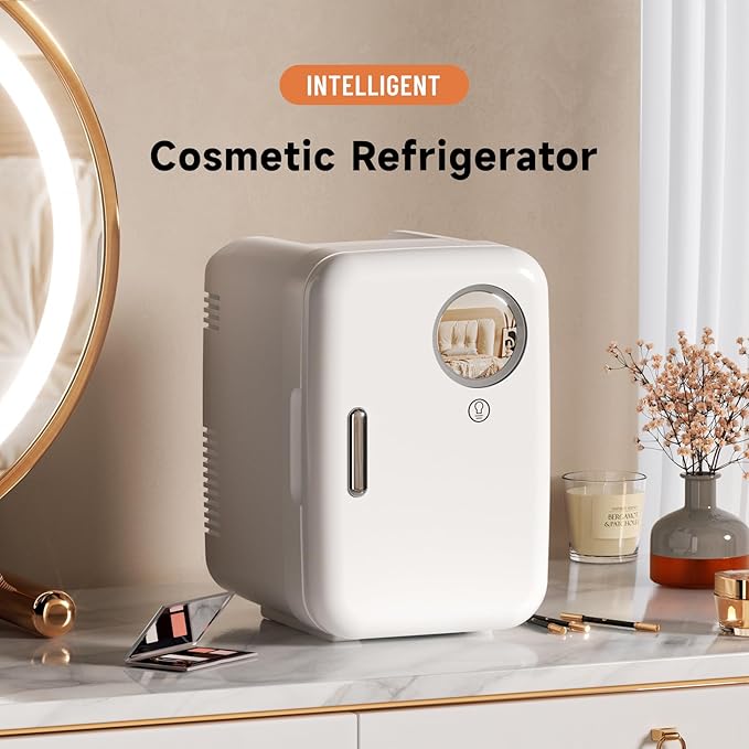 JrostKault Mini Fridge for Bedroom, 4L/6 Cans Small Cosmetic Fridge for Skincare, Makeup & Drink, With LED Light Mirror, Portable Desk Fridge Cooler and Warmer for Kids, Car, Office, Dorm, White