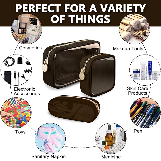Clear Small Pencil Pouch Makeup Bag for Purse,Nylon&PVC Pencil Case Waterproof Makeup Brush Holder with Zipper,Preppy Transparent Pen Bag Travel Cosmetic Bag for Women Office(Slim-Chocolate)