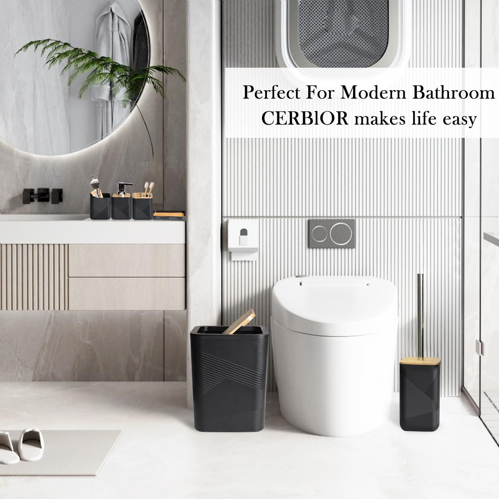 CERBIOR Bathroom Accessories Set 6 Piece Bamboo Bath Ensemble Includes Soap Dispenser, Toothbrush Holder, Toothbrush Cup, Soap Dish for Decorative Countertop and Housewarming Gift (Black)