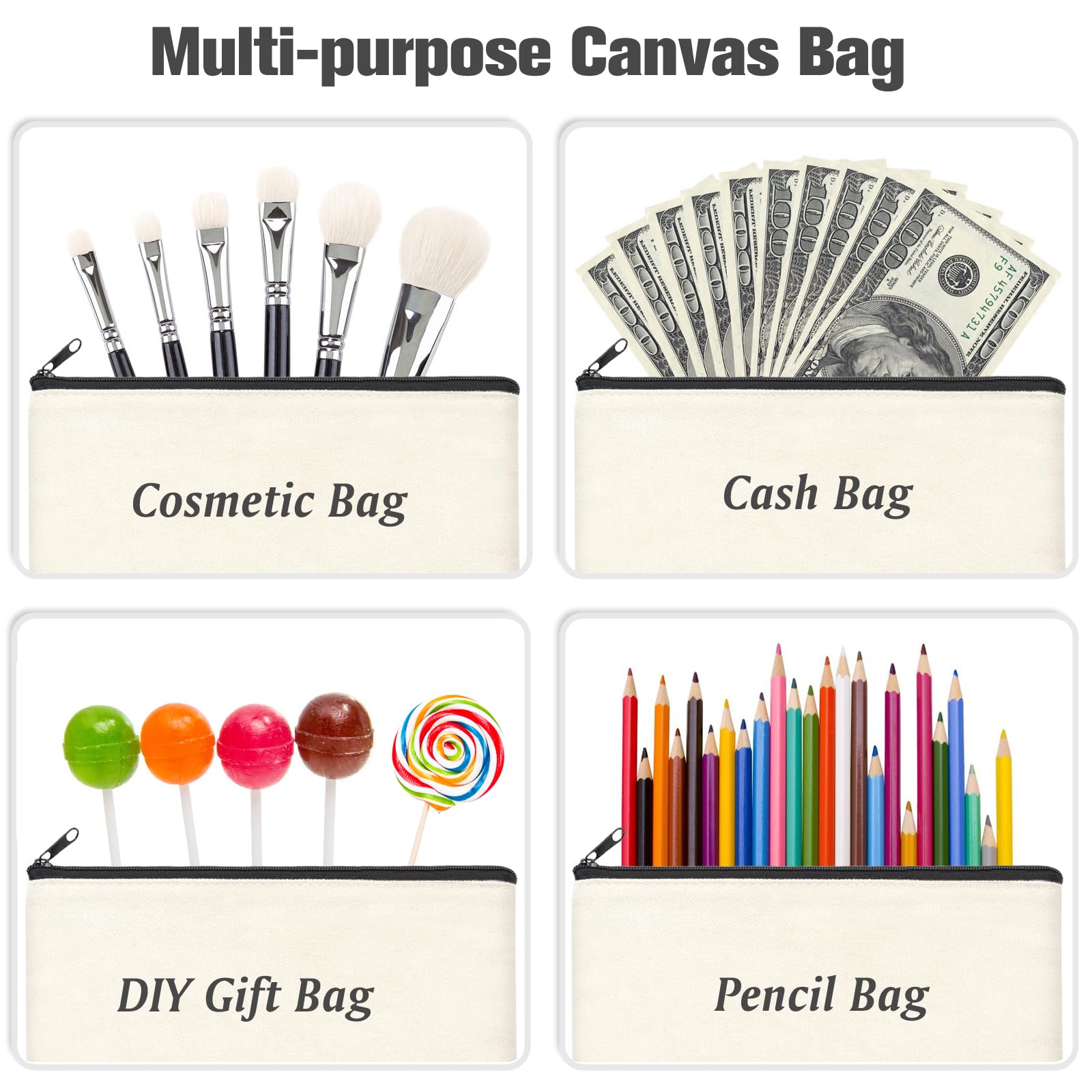 ZeeDix 8 Pack 8.3 x 5 inches Blank DIY Craft Bag - Beige Canvas Zipper Pouch Bags Multipurpose Cosmetic Bag Makeup Pouch with Zipper, Travel Toiletry Bag for Storage