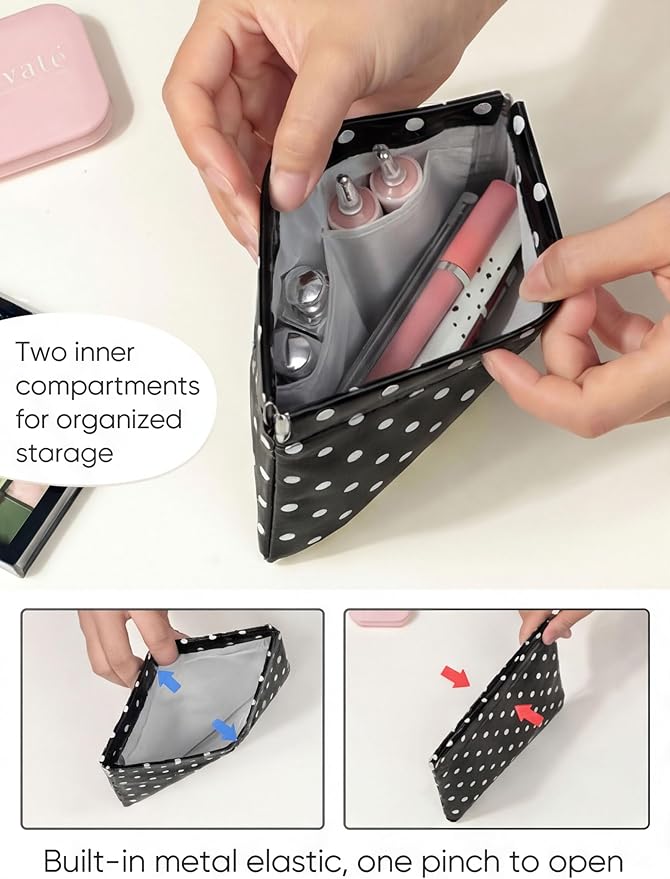 Ksriylm Dots Leather Makeup Pouch Set for Women Small Make Up Bag for Purse Waterproof Initial Makeup Cosmetic Bags Pouches for Purse Aesthetic Travel Toiletry Bag,Black White