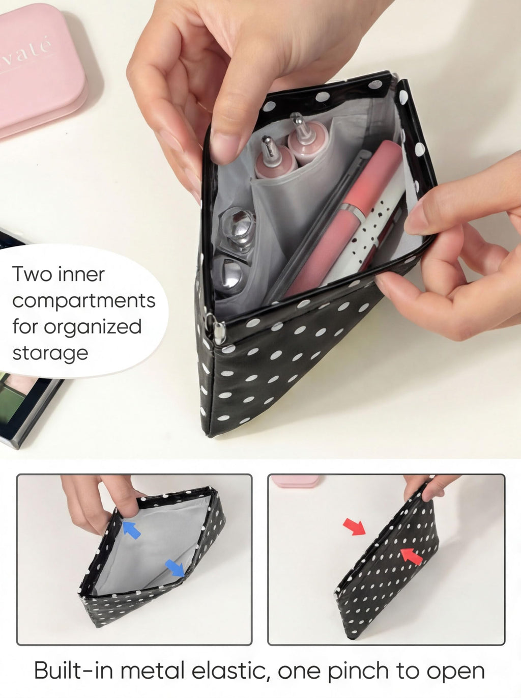 Ksriylm Dots Leather Makeup Pouch Set for Women Small Make Up Bag for Purse Waterproof Initial Makeup Cosmetic Bags Pouches for Purse Aesthetic Travel Toiletry Bag,Black White