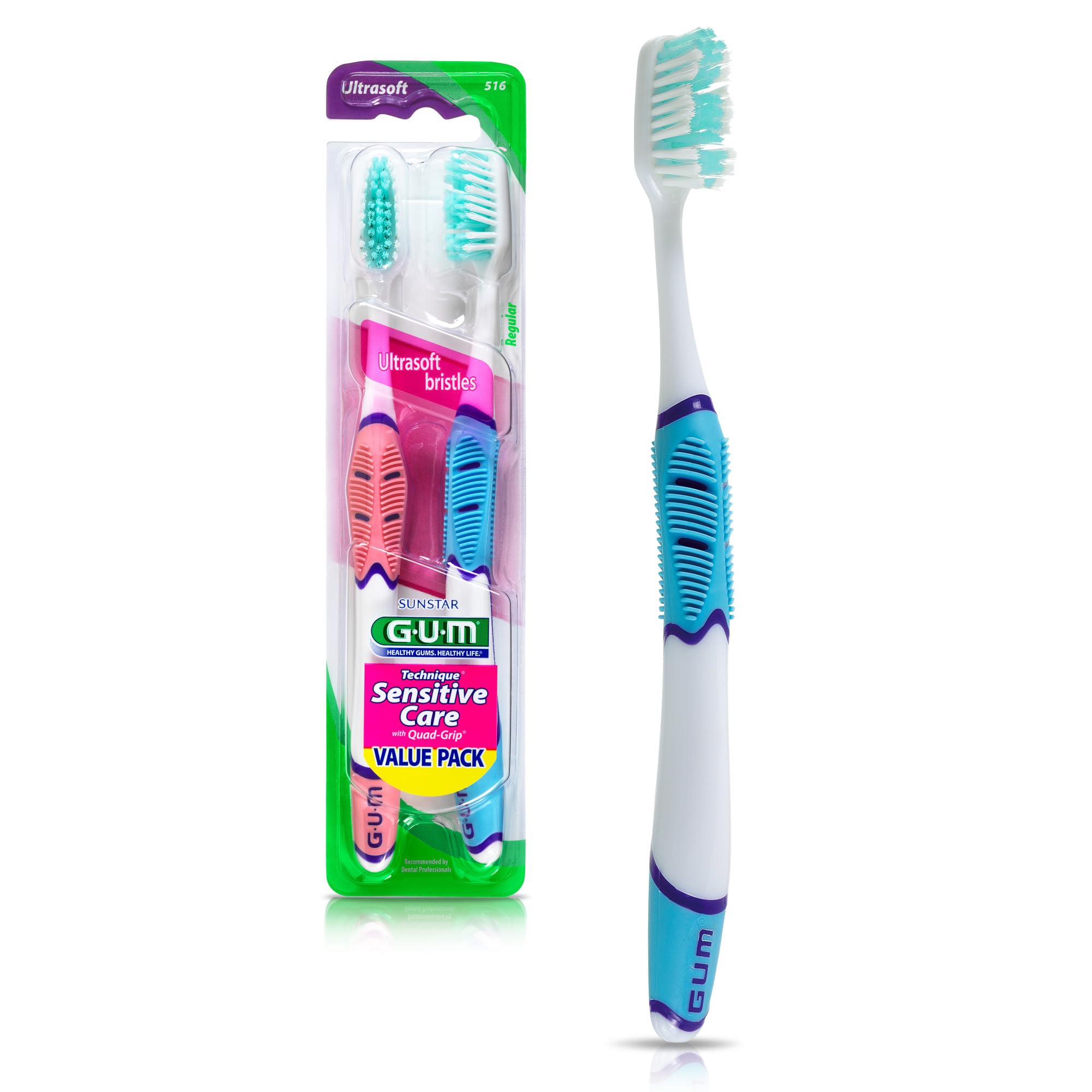 GUM Technique Sensitive Care Toothbrush with Quad-Grip Handle, Full Head & Ultra Soft Dome Trim Bristles for Plaque Removal that’s Gentle on Gums, 2 Count