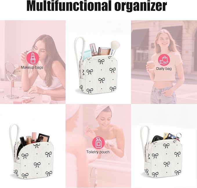 Chicarries Small Makeup Bag | Discreet Period Bag Pad Pouch for Purse| Sanitary Napkin Storage & Tampon Holder for Travel (Cute black bow)