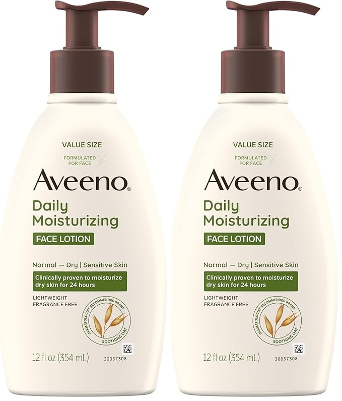 Aveeno Daily Moisturizing Face Lotion with Soothing Prebiotic Oat,Gentle Lotion Nourishes Normal to Dry Skin With Moisture,Sensitive Skin,Fragrance-Free,12 fl. oz,(Pack of 2)