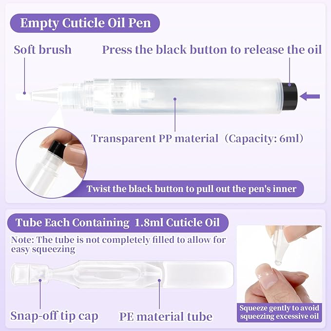 RAQEHO Refillable Cuticle Oil Pen - 1 Empty Nail Oil Pen with 10 x 1.8ml Queeze Cuticle Oil Stick with Vitamin E Jojoba Oil Softener Moisturizer Growth Strength Repair for Thin Damaged Nails（Lavender）