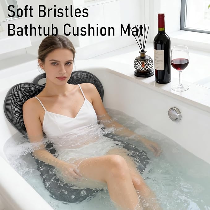 Vynusio Back Scrubber Body Bath Cushion Tub Bathtub Back Lumbar Support Ergonomic Silicone XL Thick Soft Seat Pad Non-Slip Suction Cups Relaxing Spa Mat Exfloating Scrubbing Shower 28 x 19 Grey