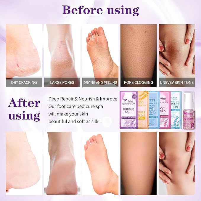 nbc BeautiLab Pedicure Kit Foot Soak Set: Bubble Salt, Sugar Scrub, Massage Mask, Massage Lotion in a Box, 4 Step Foot Spa Kit for Dry Feet,Tired Feet(Lavender)