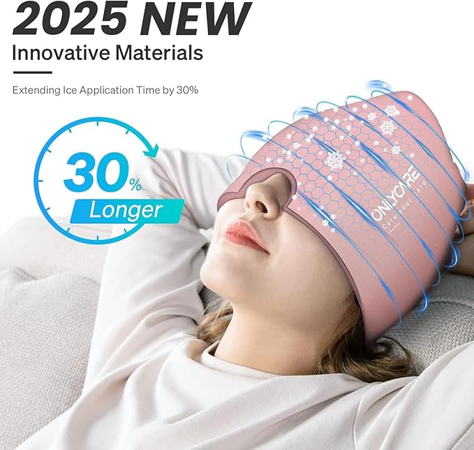 ONLYCARE Migraine Relief Cap, Upgraded Odorless Migraine Ice Head Wrap, Headache Relief Hat for Migraine, Slight-Pink