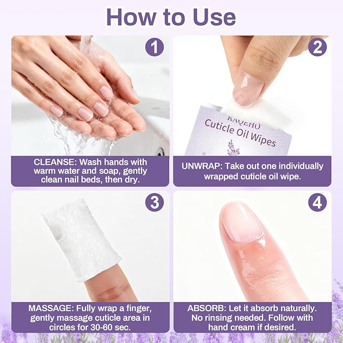 RAQEHO 100pcs Cuticle Oil for Nails - Lavender Nails Oil Wipes Travel Size Cuticle Oil Aceite Para Cuticula for Weak, Dry, Damaged Nail, Hand Care Products, Technician Essentials, Sensitive Skin