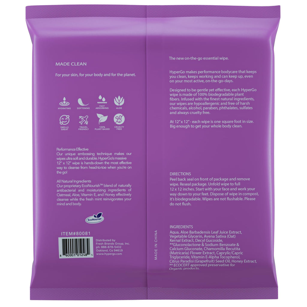 HyperGo XL Body Wipes for Women & Men – 12" x12" Rinse-Free Full Body Cleansing Wipes 20 Count Pack - Lavender | Biodegradable, Hypoallergenic, Aloe-Infused | Gym, Festival, Camping Essentials