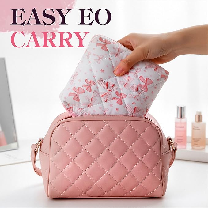 Paterr 4 Pcs Mini Quilted Floral Makeup Bag Pink Bow Cosmetic Bag Small Coquette Quilted Pouch with Zipper Cute Kawaii Cotton Travel Toiletry Bags Girls for Back to School Teacher Students Gifts
