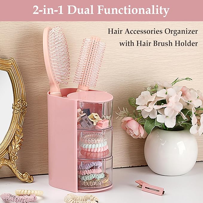 GUSHBIN Hair Accessories Organizer with Hair Brush Holder Spinning Cosmetic Storage Case for Makeup Sponge Plastic Desktop Organizer, 3-Layer Pink