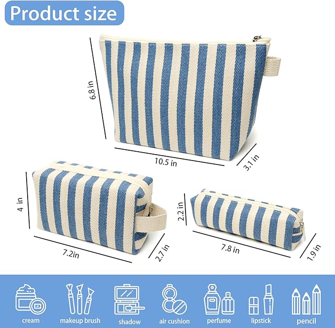 Beayuva 3 Pcs Makeup Bag Set Striped Canvas Purse Cosmetic Bag For Women Travel Toiletry Pouch Organizer pencil case (Blue-White)