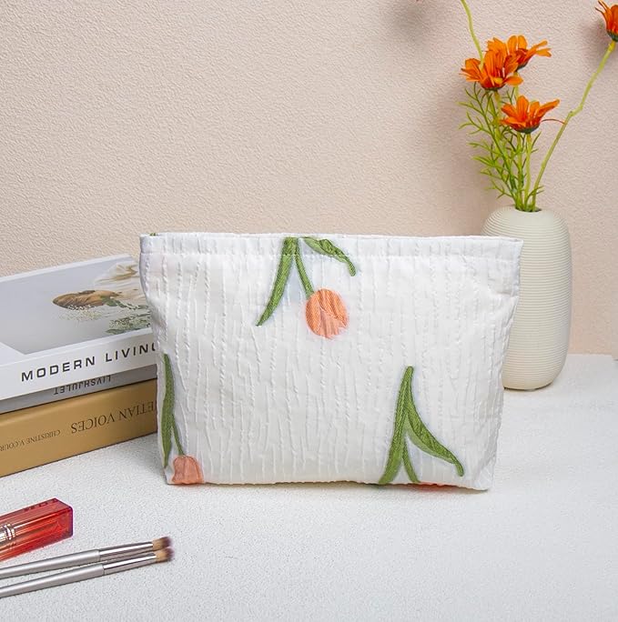 getgto 2 Pcs Makeup Bags, Large Cosmetic Bag Travel Toiletry Bag Organizer for Women, Embroidery Craft, Floral Makeup Bag Small Cosmetic Pouch Purse with Zipper Gifts for Girls Teen