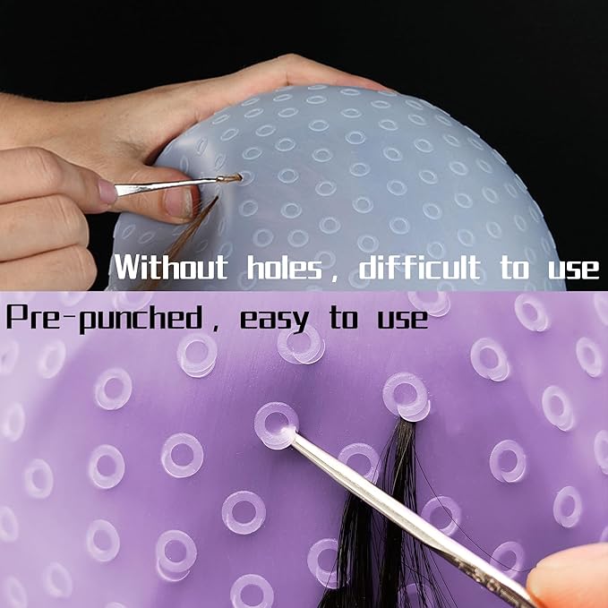 Punched Hole Silicone Highlight Hair Cap with Needle and Hair Coloring Brush, Highlighting Streaking Cap, Highlight Cap, Professional Salon Hairdressing Dyeing Staining Tools for Women Men