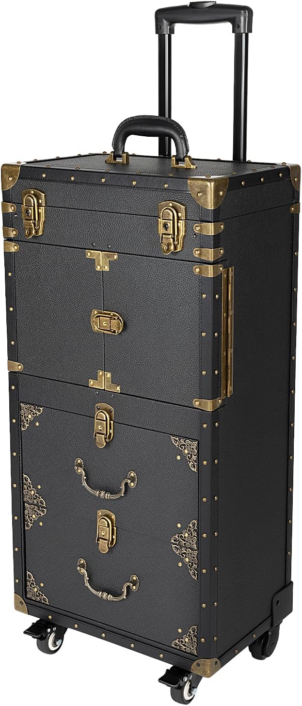 QUEWATSA Rolling Lockable Makeup Train Case, Drawer Luggage Suitcase with Makeup Hairdressing Tools Storage, Makeup Beauty Salon Luggage Hairdressing Trolley Travel Organizer Tool Box, Retro Black