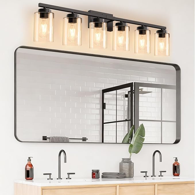 IZORRO Modern Bathroom Light Fixtures, 6 Light Black Vanity Lights, Bathroom Lighting Fixtures Over Mirror with Clear Glass for Living Room Cabinet Bedroom