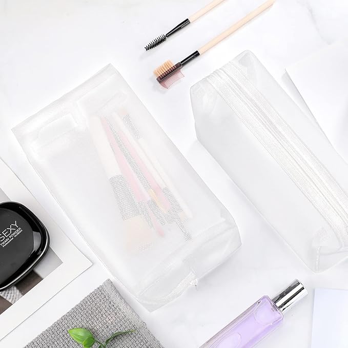 Boao 6 Pieces Mesh Makeup Bags Mesh Cosmetic Bag Portable Travel Organizing Zipper Pouch Toiletries Makeup Pouches for Home Office Travel Accessories(White)