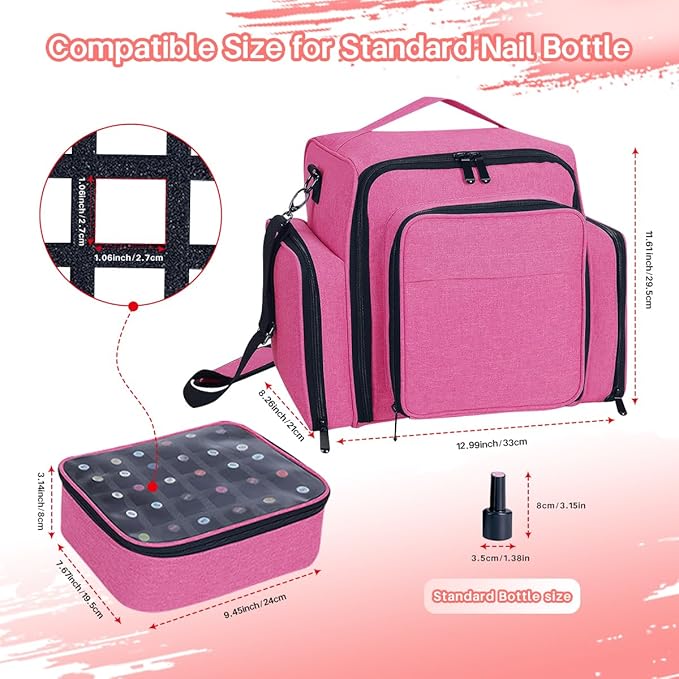 UOZL Nail Polish Organizer Case Hold 90 Bottles with 3 Detachable Bag,Red