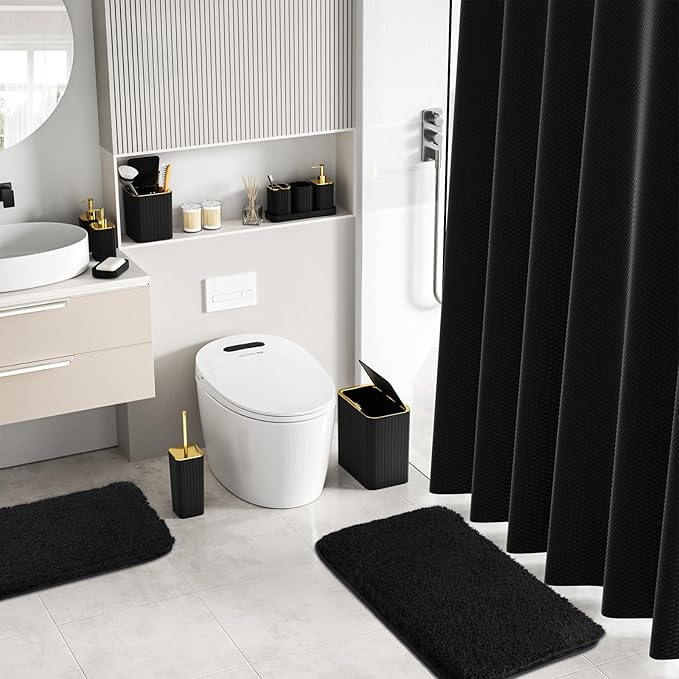 InnJoey Bathroom Accessory Set - Bathroom Set, 27PC Bathroom Accessories Set, Black Bathroom Sets with Shower Curtain and Rugs, Mini Trash Can, Toilet Brush, Trash Can & Soap Dispenser