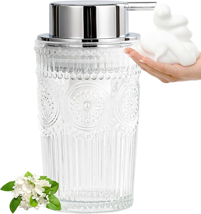 AZMOYAC Glass Foaming Soap Dispenser - Foam Hand Soap Dispenser Bathroom, 10 OZ Clear Refillable Liquid Dispenser for Kitchen Dish Dispenser Silvery Foam Pump