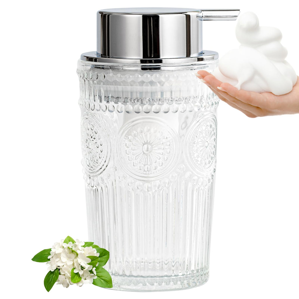 AZMOYAC Glass Foaming Soap Dispenser - Foam Hand Soap Dispenser Bathroom, 10 OZ Clear Refillable Liquid Dispenser for Kitchen Dish Dispenser Silvery Foam Pump