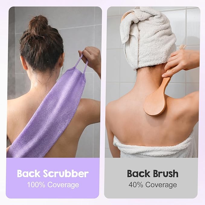 GEEHUA 4PCS Exfoliating Back Scrubber with Handles, Double-Sided Nylon Exfoliating Washcloth Extended Length Exfoliator Stretchy Pull Strap Back Washer Body Exfoliatin Washcloth for Women Men