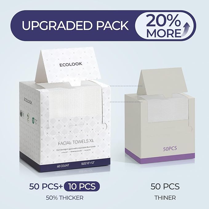 ECOLOOK Disposable Face Towel XL-10"x12" Upgraded Thick Facial Towels, Ultra Soft Clean Face Towels Disposable, 60 Count & 90 GSM, Ideal for Sensitive Skin-3 PACK