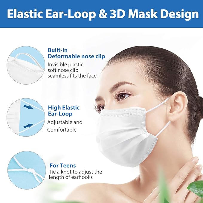 Assacalynn Disposable Face Masks, White, 50pcs, 3 Layer, Adult-Large
