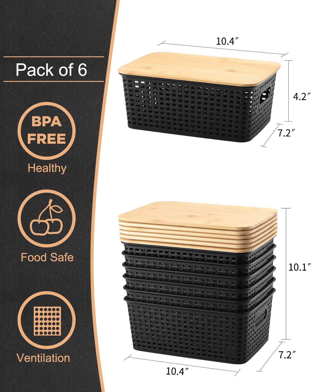 AREYZIN Storage Bins with Bamboo Lids Set of 6 Lidded Storage Container Plastic Baskets Organizer Bins for Organizing Kithen Room Bedroom Office Closet, Sturdy(Black)