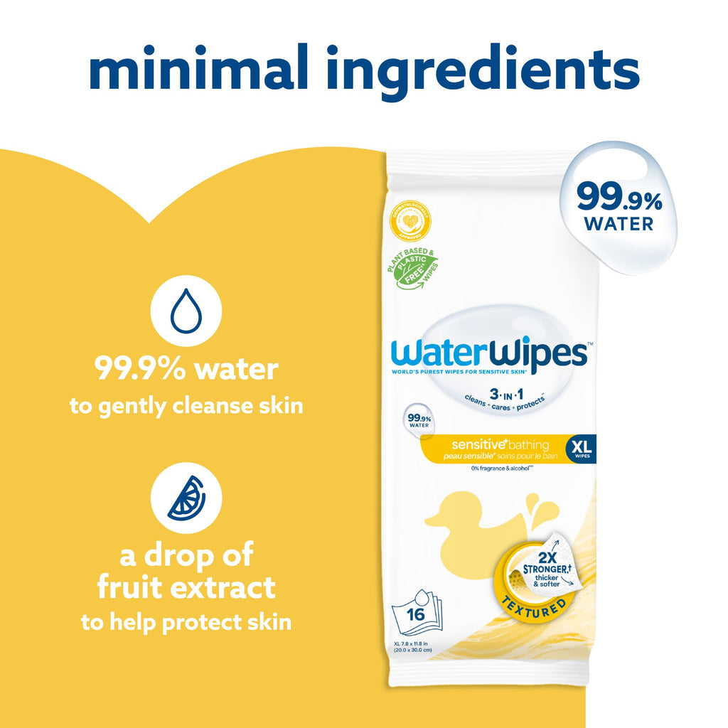 WaterWipes Sensitive+ Bathing Wipes, 3-In-1 Cleans, Cares, Protects, 99.9% Water, Unscented & Hypoallergenic, 16 Count (1 Pack)