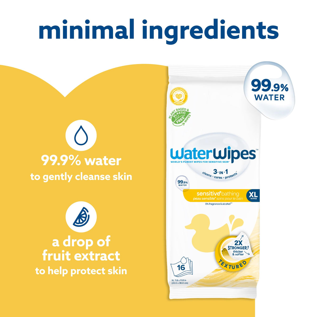 WaterWipes Sensitive+ Bathing Wipes, 3-In-1 Cleans, Cares, Protects, 99.9% Water, Unscented & Hypoallergenic, 16 Count (1 Pack)
