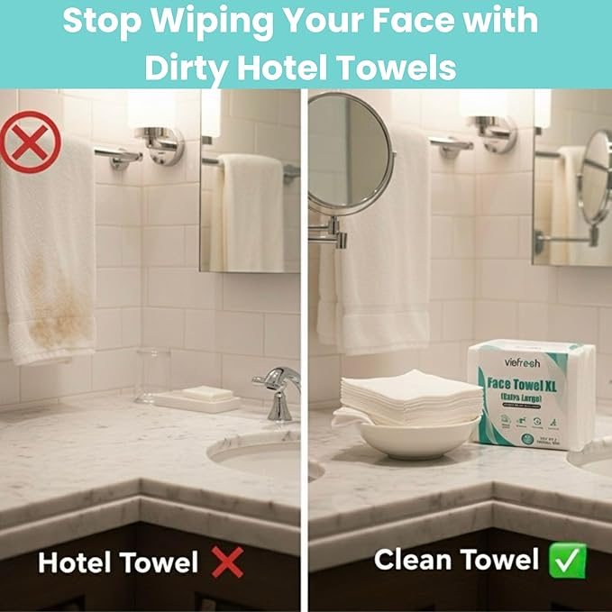Disposable Face Towel Travel Pack – XL 10"×12" Face Towelettes Disposable, Ultra-Soft & Thick Travel Face Wipes for Sensitive Skin, Makeup Remover Dry Wipes, 15 Towels per Pack – Visfresh (3 Packs)