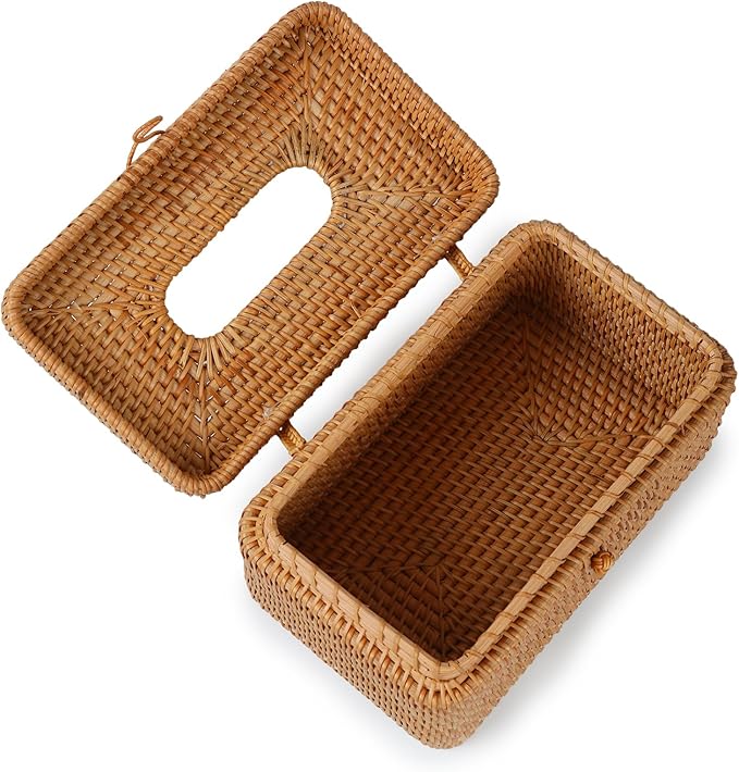Rattan Rectangular Tissue Box Cover, 10.8" x 6.7" x 5.5", Decorative Woven Facial Tissue Holder with Hinged Top Lid, Fits Up to 180 Sheets, Natural Color