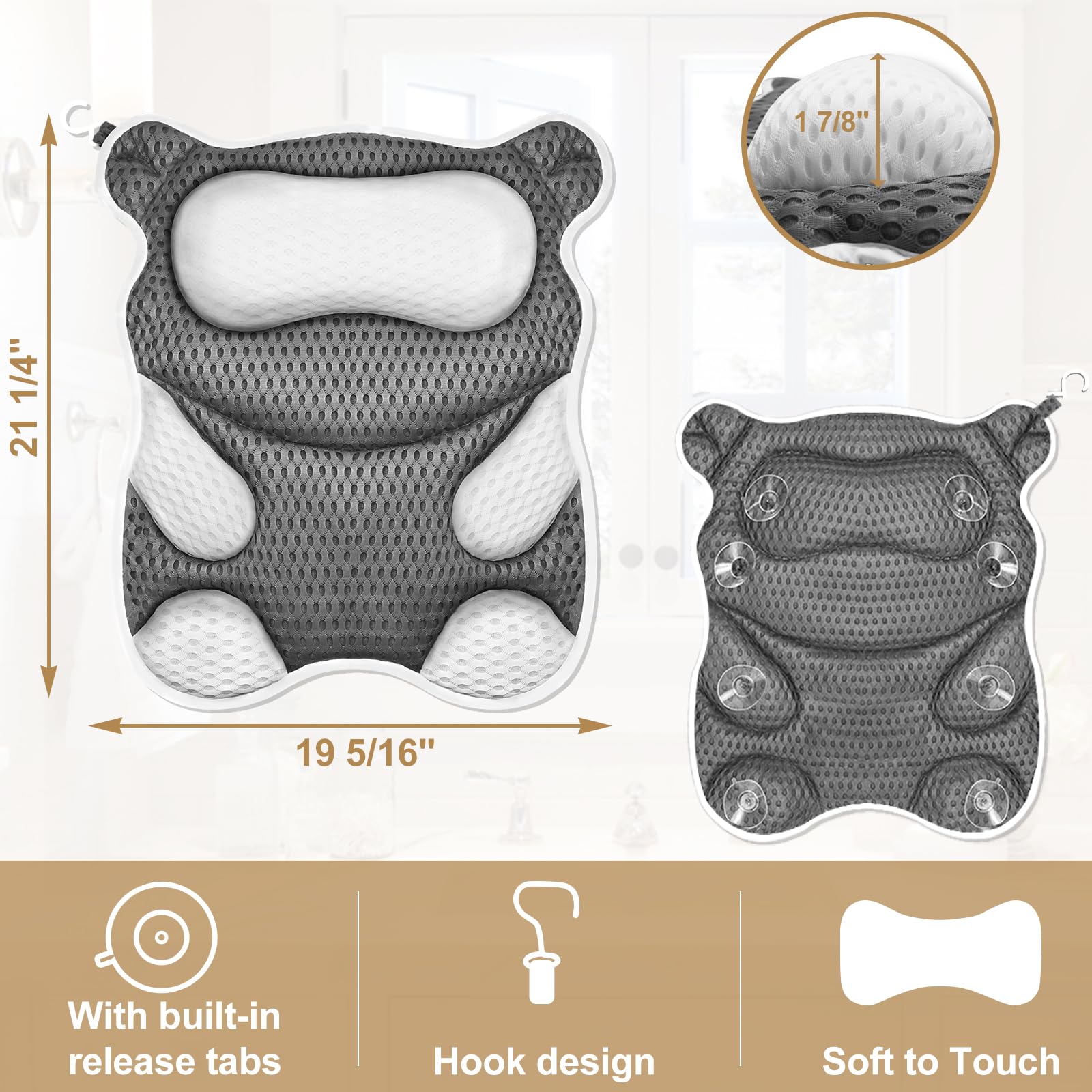 ZYIDBNG Bath Pillow for Tub Ergonomic Bear Shape Design Bath Pillow for Head and Neck Support SPA Gift Bathtub Pillow 4D Air-Mesh with 8 Suction Cups Washable Gray