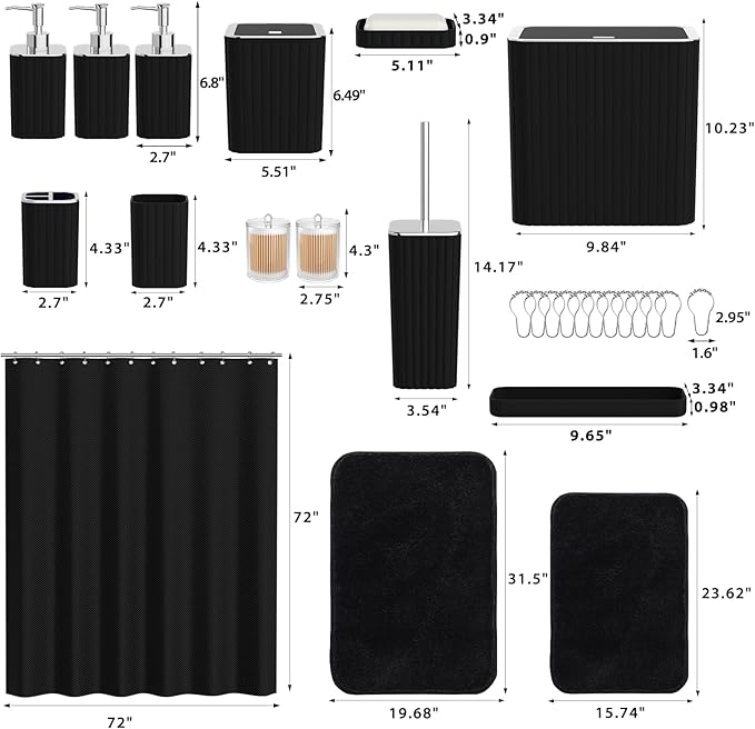 InnJoey Bathroom Accessory Set - Bathroom Set, 27PC Bathroom Accessories Set, Black Bathroom Sets with Shower Curtain and Rugs, Mini Trash Can, Toilet Brush, Trash Can & Soap Dispenser